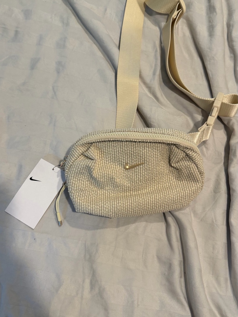 Nike Cream Textured Crossbody Bag with Gold Swoosh